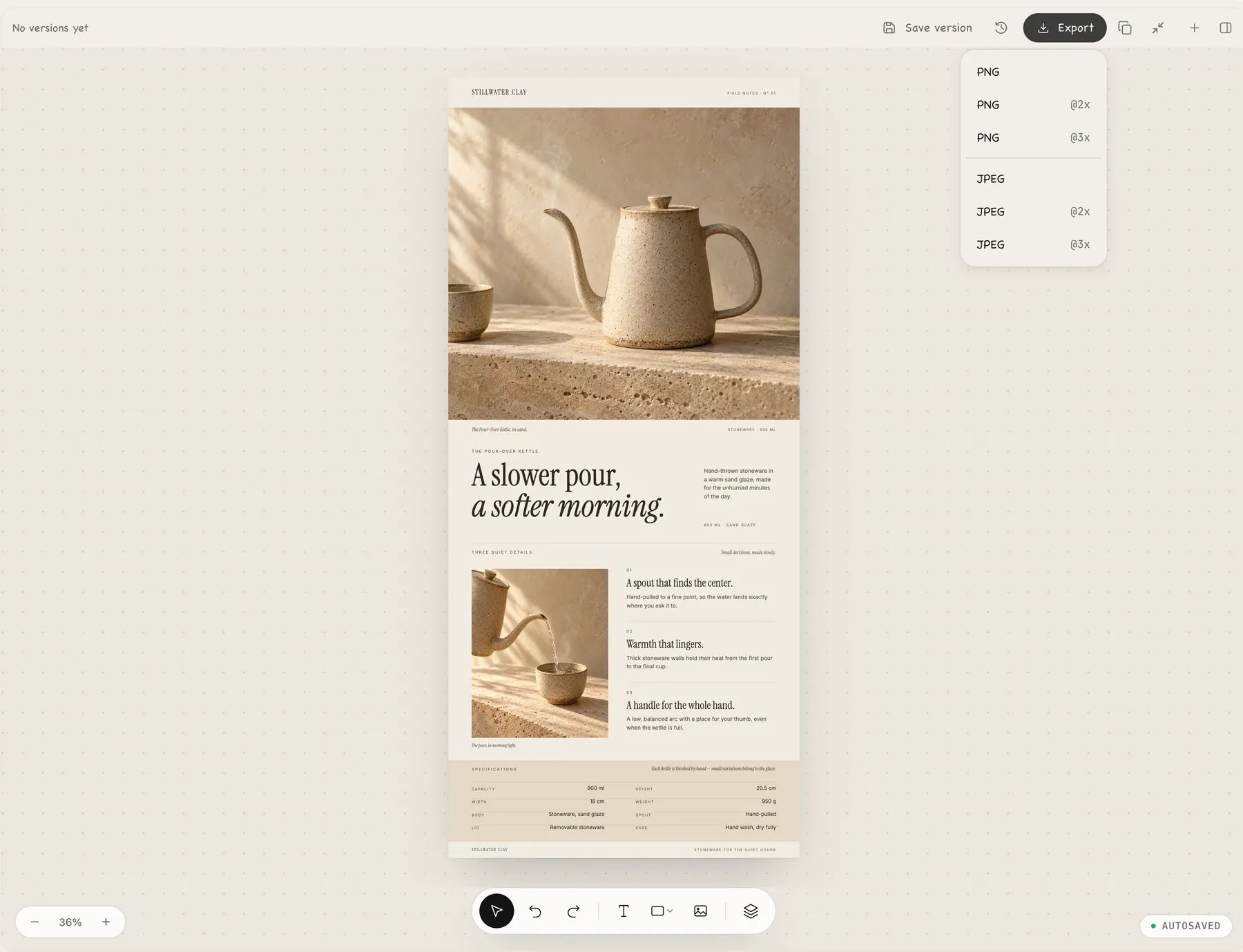 A ceramic kettle product page on the Molly canvas with the Export menu open, listing PNG and JPEG at 1×, 2× and 3×