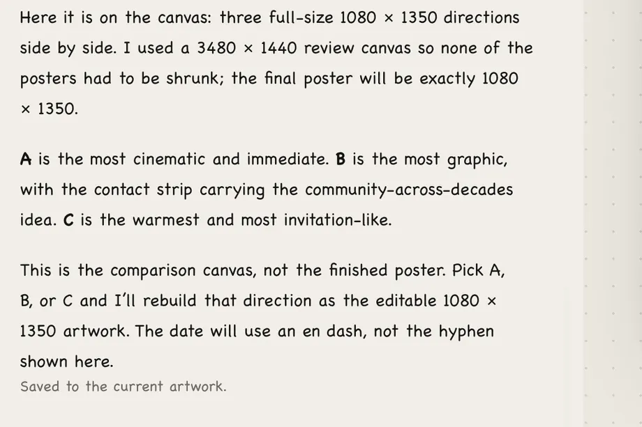 The agent’s reply: this is the comparison canvas, not the finished poster; pick A, B or C and it will rebuild that direction as the editable 1080 × 1350 artwork