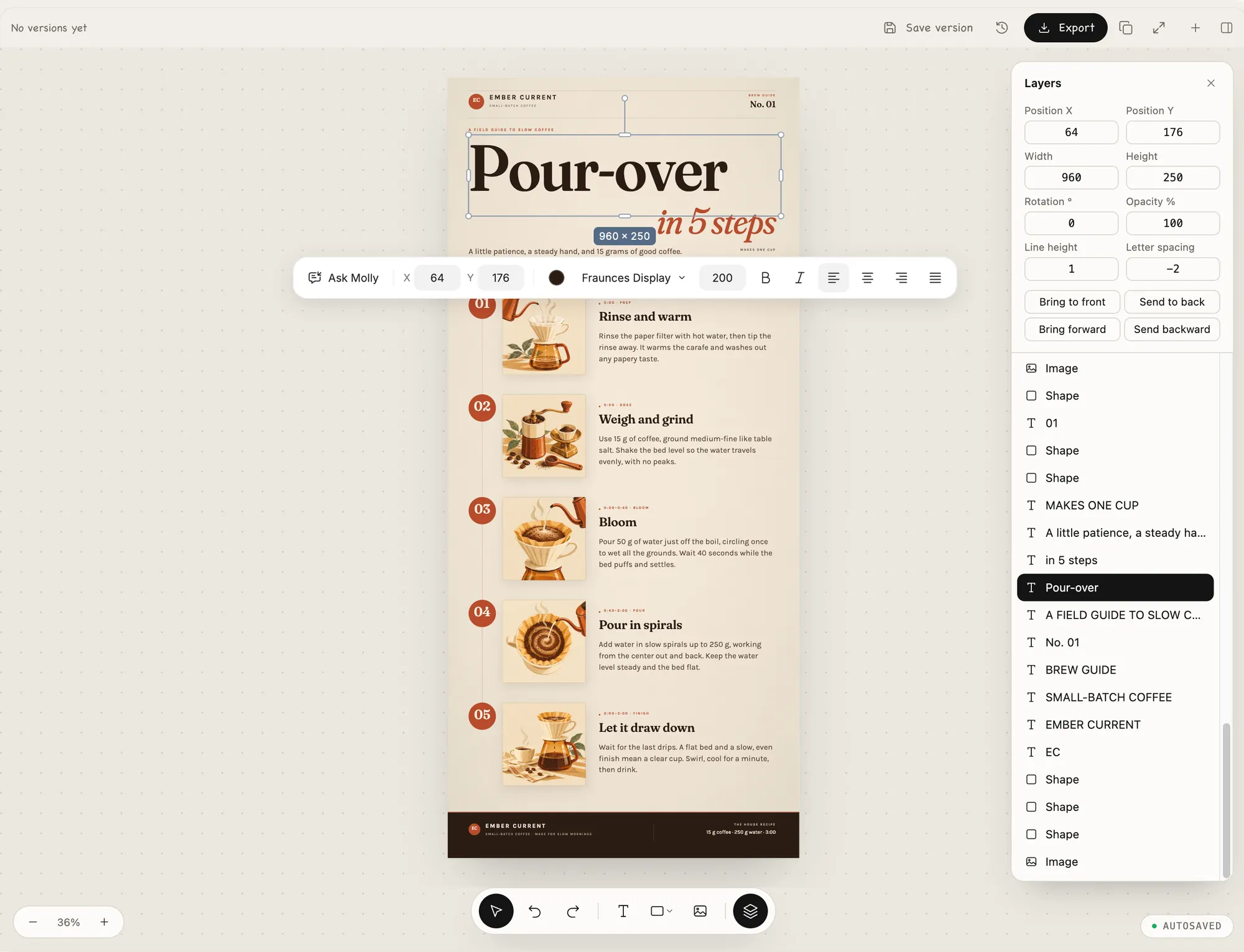 The Pour-over headline text layer selected on a coffee guide: selection handles on the canvas, a floating toolbar with font and size, and the Layers panel highlighting the row with its position and size