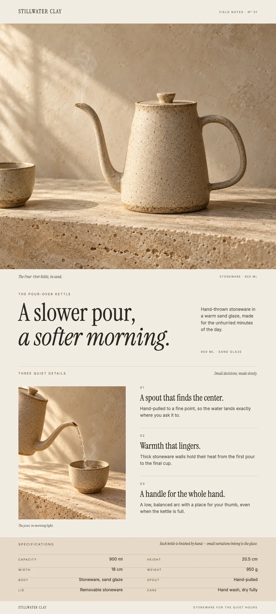 A long product page for a ceramic pour-over kettle: hero photo, headline, three details and a spec table