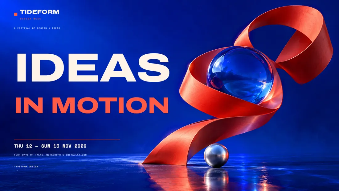 A design-week key visual: the headline IDEAS IN MOTION beside a red ribbon wrapped around a glass sphere