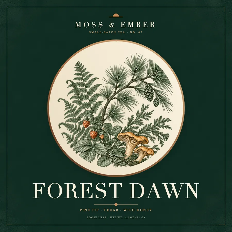 A tea label: a botanical engraving in a round window on deep green, with the name FOREST DAWN