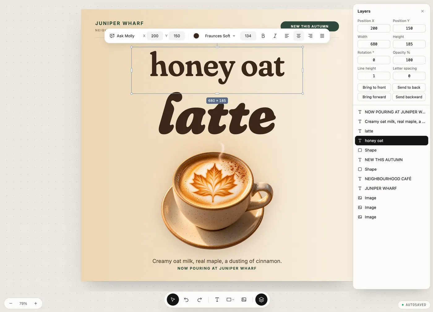 A café poster with its headline changed to “honey oat”, the text box still selected and the matching layer highlighted in the Layers panel