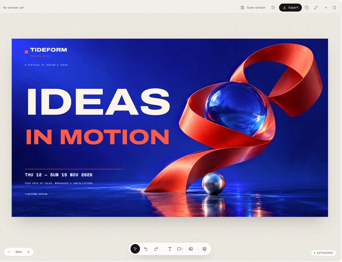 A design-week key visual on the Molly canvas, with the layer, text and shape tools below