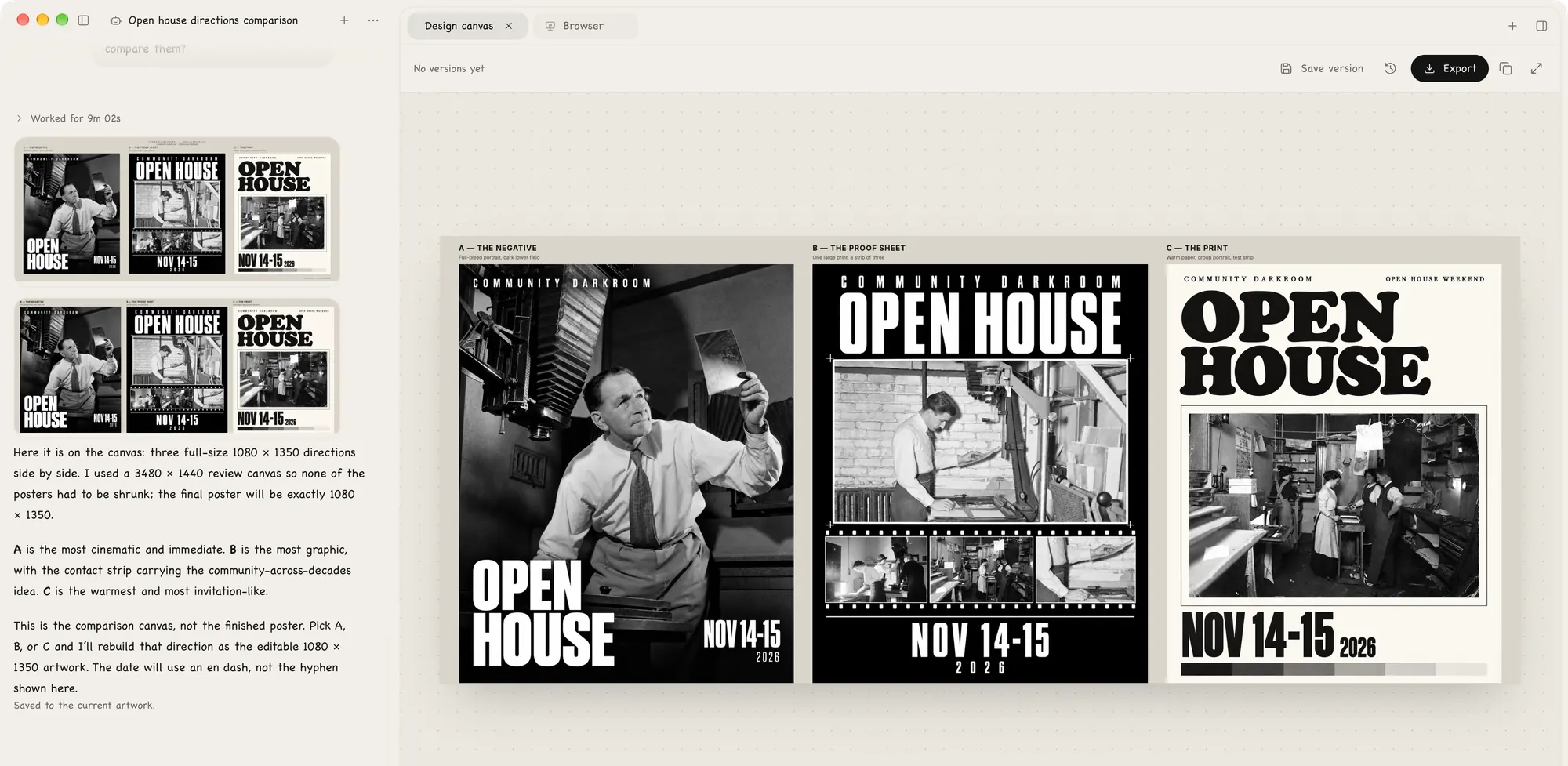 Three directions for a community darkroom open-house poster side by side on the canvas, with the agent’s note on each in the chat