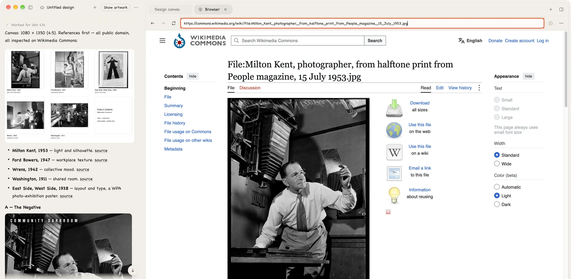 The agent lists public-domain references for a darkroom open-house poster, with a Wikimedia Commons file page open in the built-in browser